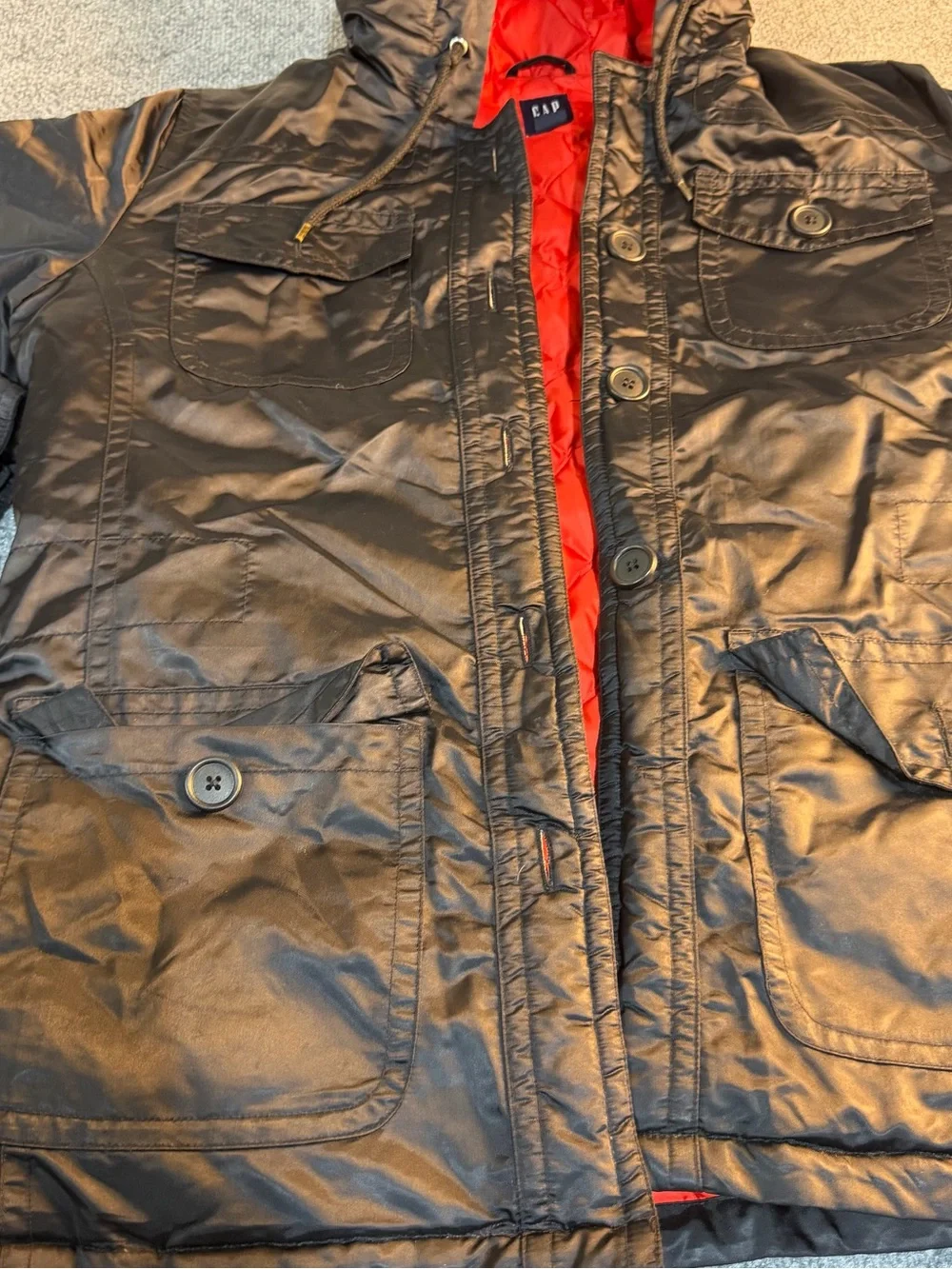 GAP Black Hooded Puffer Jacket with Red Lining